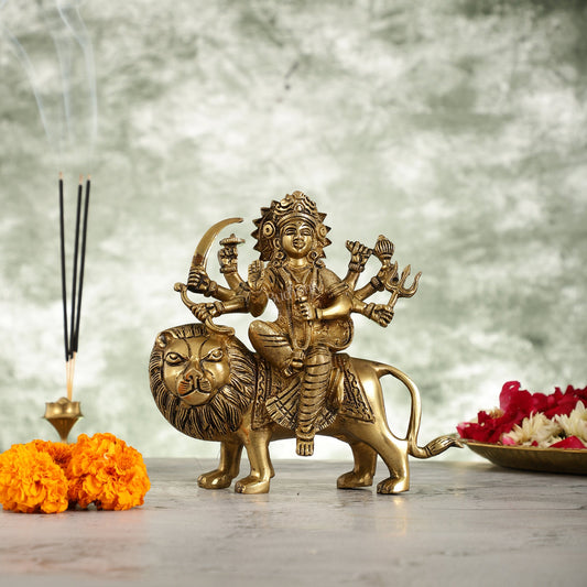 Superfine Brass Durga Sherawali Idol - 7.5 Inch - Budhshiv.com
