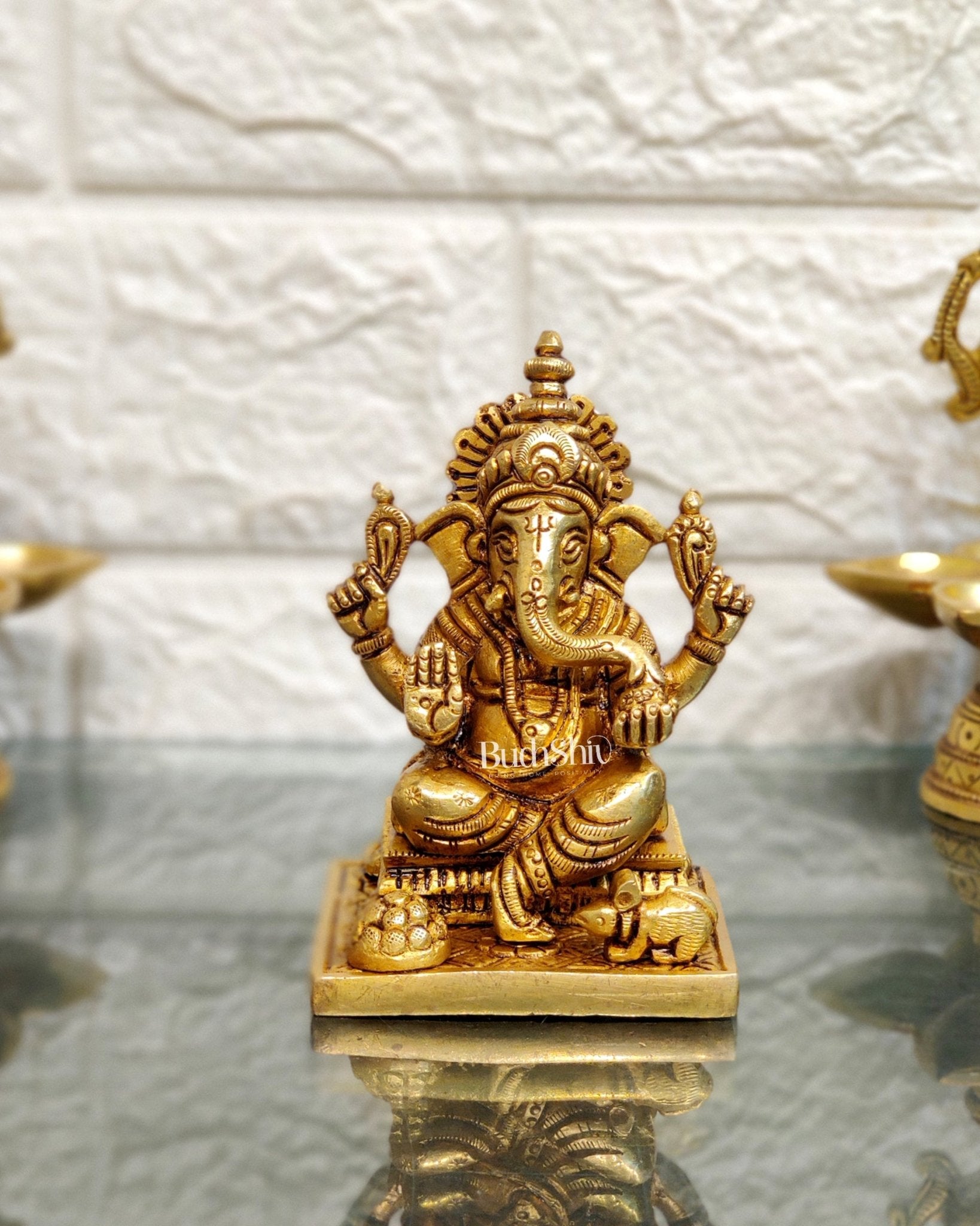 Superfine Brass Ganapathi Idol with Fruit Bowl and Mooshak | Height 3.5 inches - Budhshiv.com