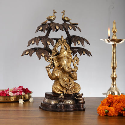 Superfine Brass Ganapati Statue Under Mango Tree | Height 17 inch - Budhshiv.com
