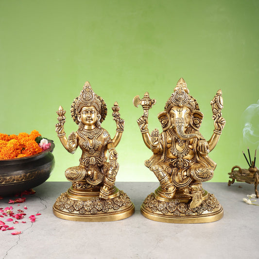 Superfine Brass Ganesh Lakshmi Idols with Intricate Carvings | 12" Butter Gold - Budhshiv.com