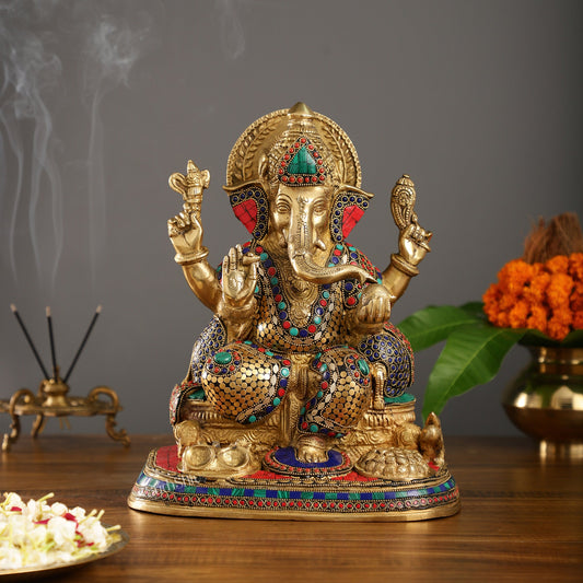 Superfine Brass Ganesha Idol with Spectacular Stonework - 13 Inch - Budhshiv.com