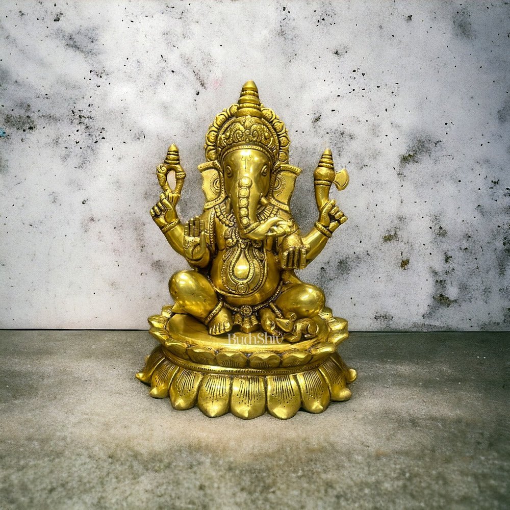 Superfine Brass Ganesha Lakshmi Saraswati Idols on Lotus Base 11 inch - Budhshiv.com