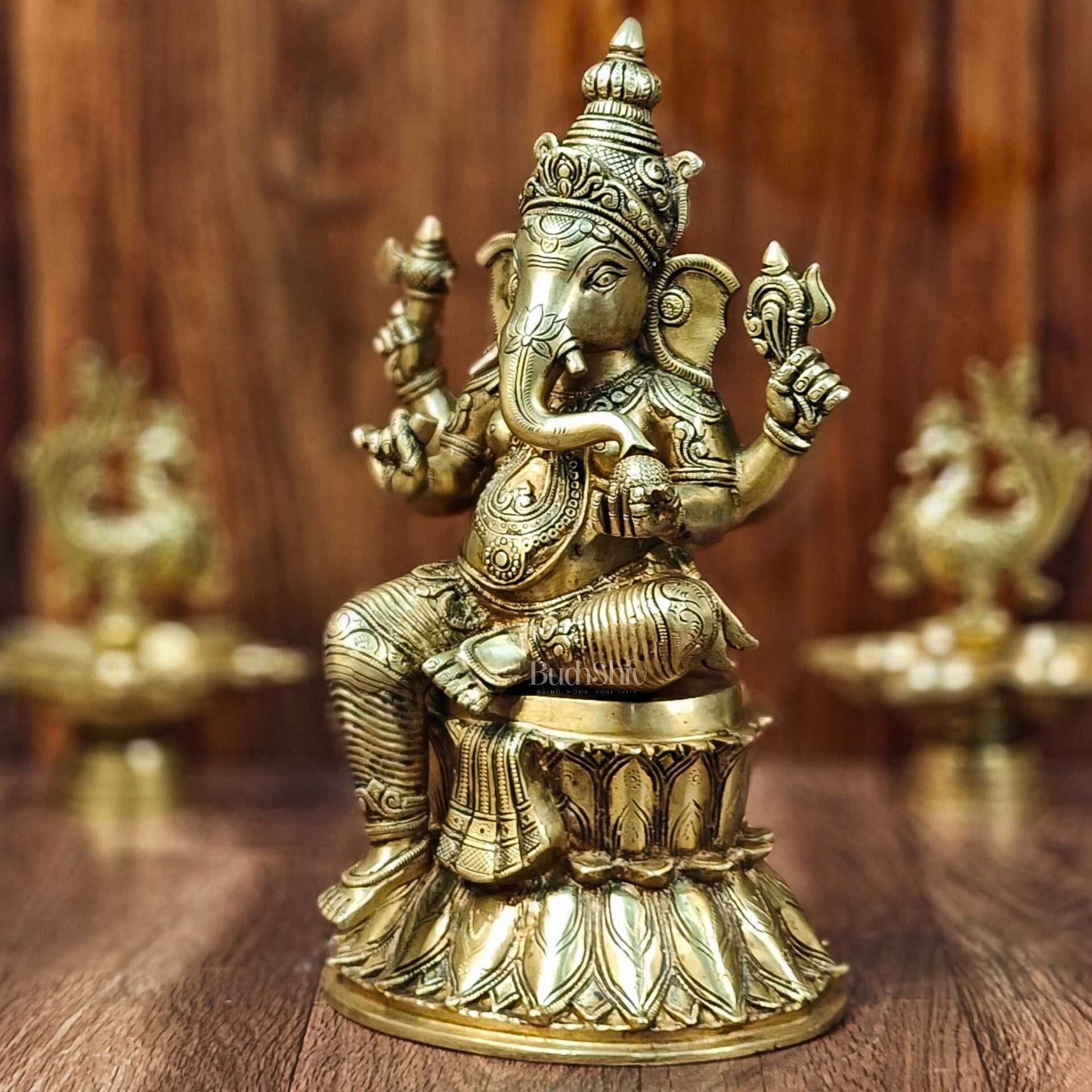 Superfine Brass Ganesha Statue - Golden Tone, 14.5" Height - Budhshiv.com