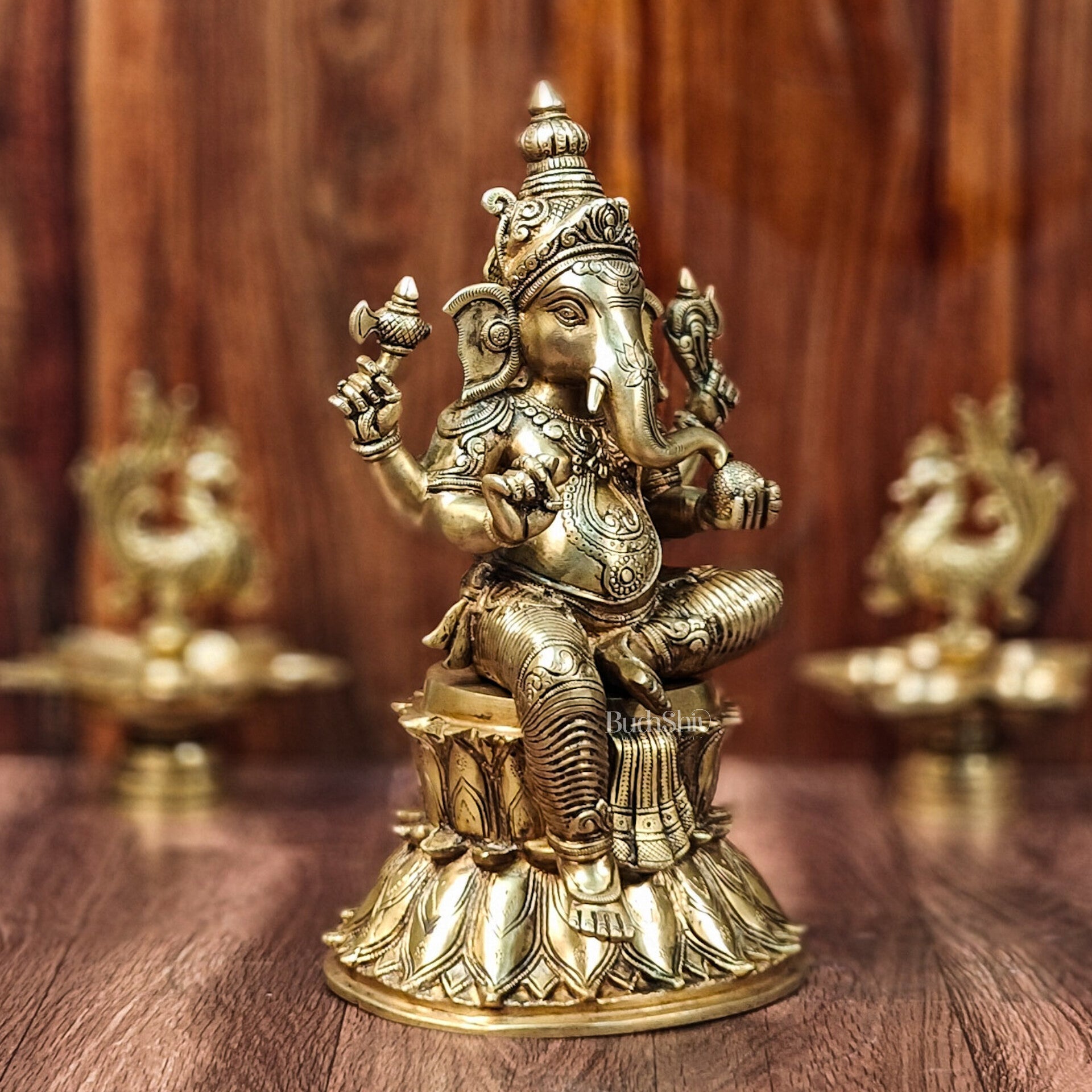 Superfine Brass Ganesha Statue - Golden Tone, 14.5" Height - Budhshiv.com