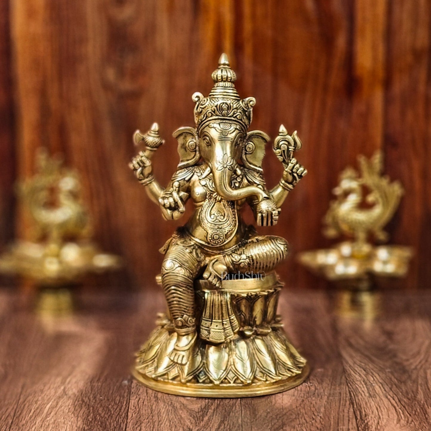 Superfine Brass Ganesha Statue - Golden Tone, 14.5" Height - Budhshiv.com