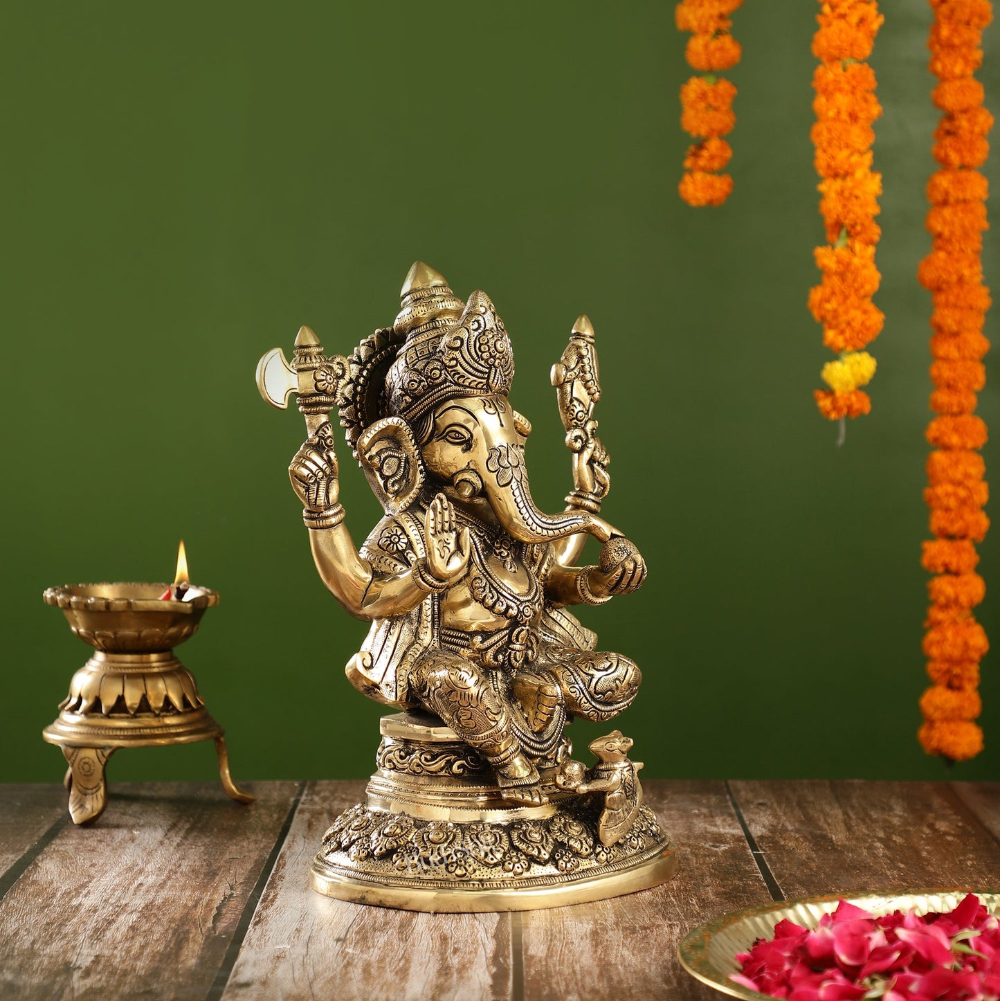 Superfine Brass Ganesha Statue with Intricate Carvings | 12" Height - Budhshiv.com