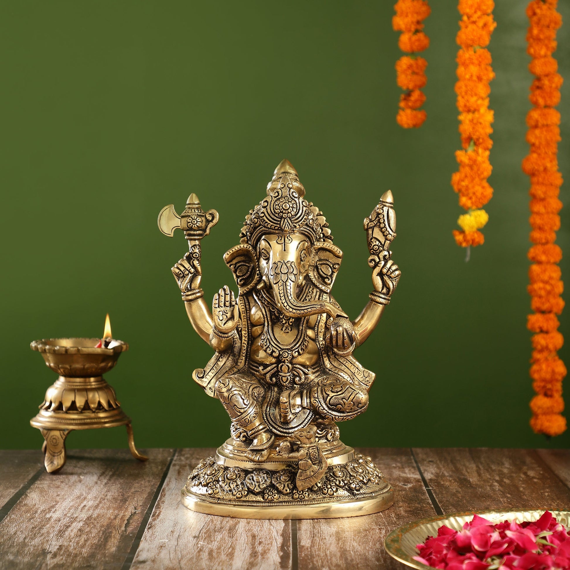 Superfine Brass Ganesha Statue with Intricate Carvings | 12" Height - Budhshiv.com