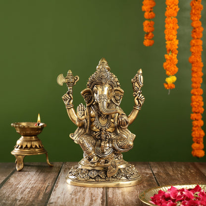 Superfine Brass Ganesha Statue with Intricate Carvings | 12" Height - Budhshiv.com