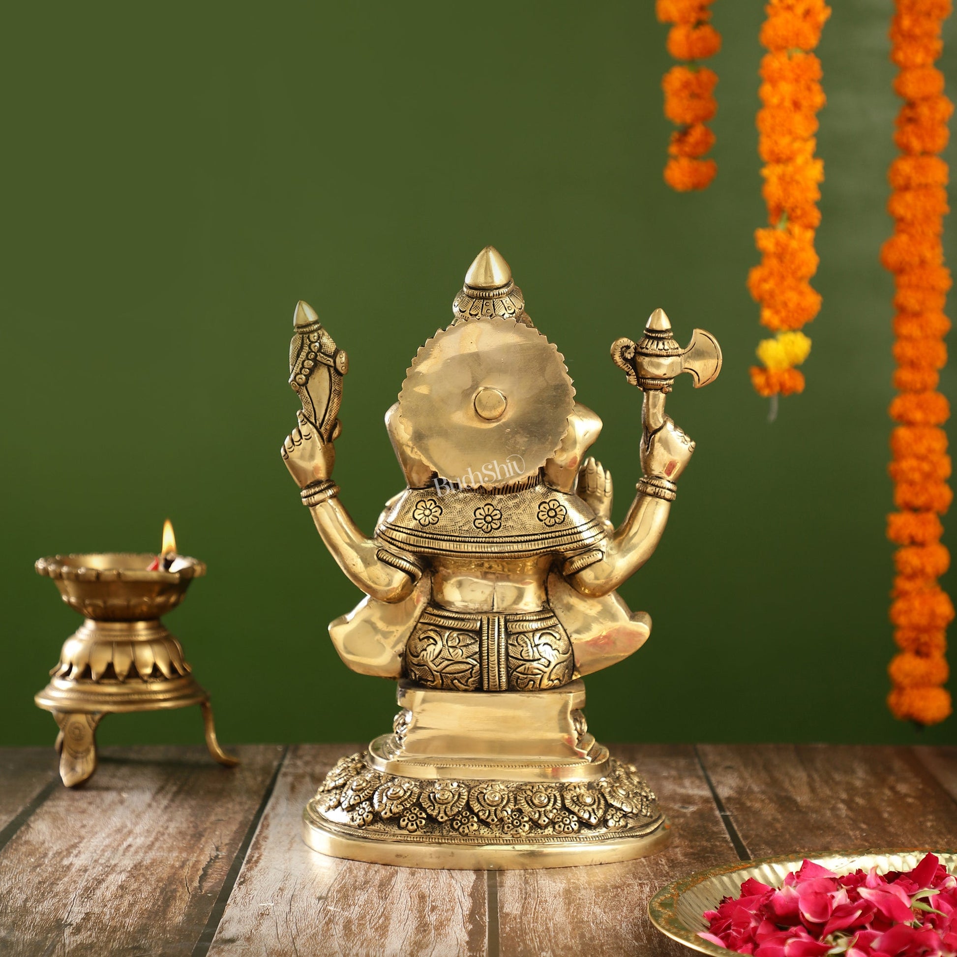 Superfine Brass Ganesha Statue with Intricate Carvings | 12" Height - Budhshiv.com