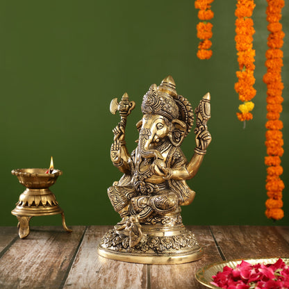 Superfine Brass Ganesha Statue with Intricate Carvings | 12" Height - Budhshiv.com