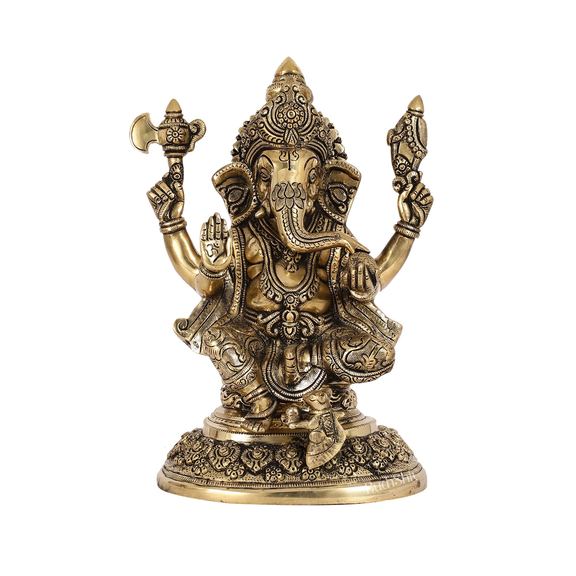 Superfine Brass Ganesha Statue with Intricate Carvings | 12" Height - Budhshiv.com