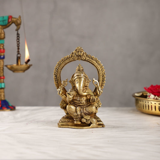 Superfine Brass Ganesha Statue with Prabhavali Frame - 5 inch - Budhshiv.com