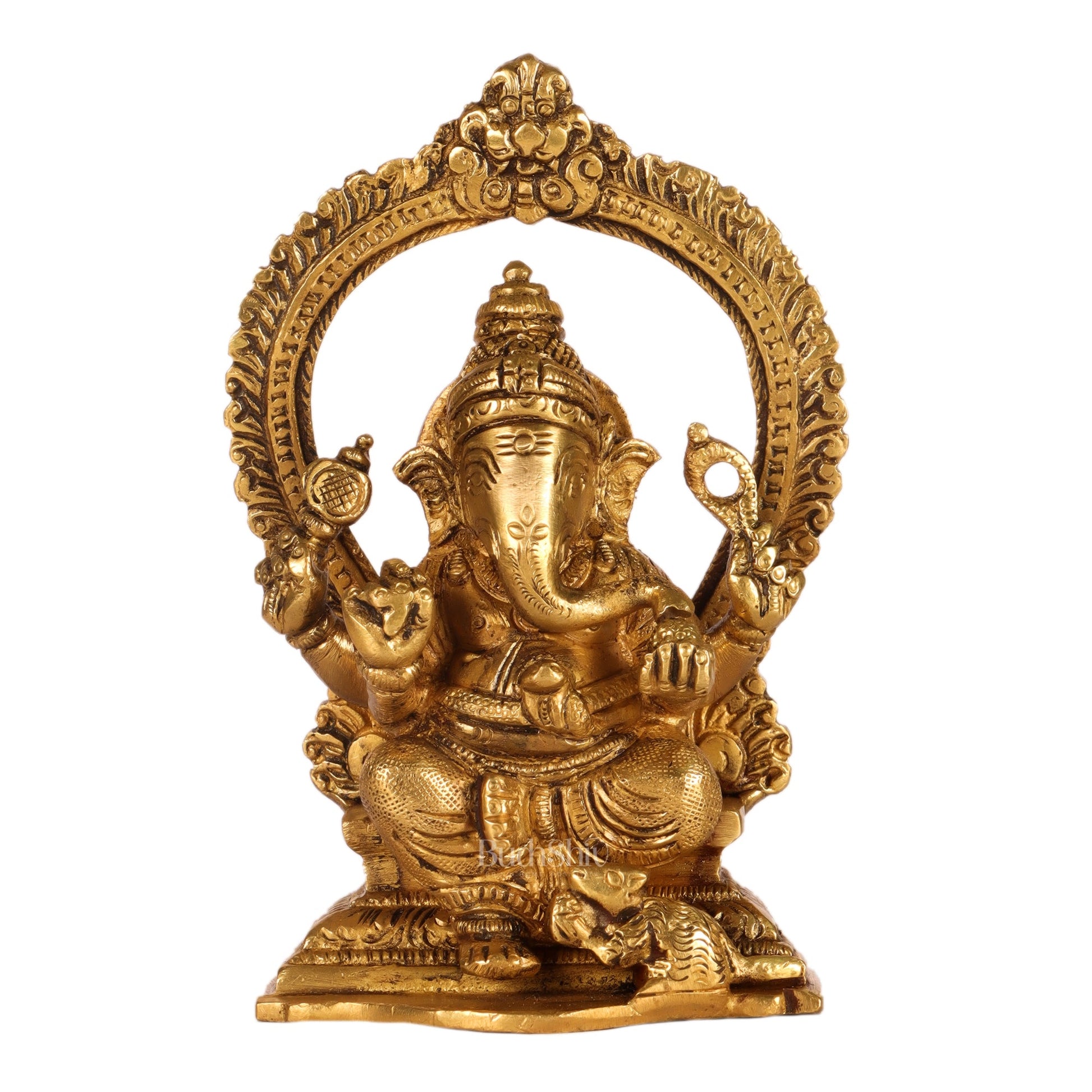 Superfine Brass Ganesha Statue with Prabhavali Frame - 5 inches - Budhshiv.com