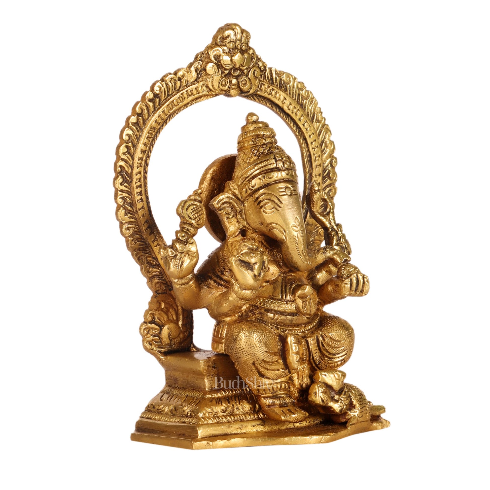 Superfine Brass Ganesha Statue with Prabhavali Frame - 5 inches - Budhshiv.com