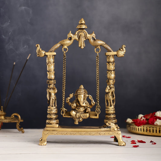 Superfine Brass Ganesha Swing with Engraved Pillars | Height 12 inch - Budhshiv.com