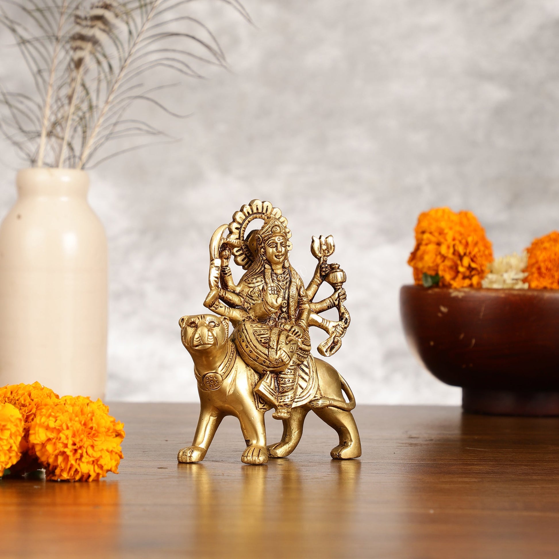 Superfine Brass Goddess Durga Seated on Tiger Idol - 5 Inch - Budhshiv.com