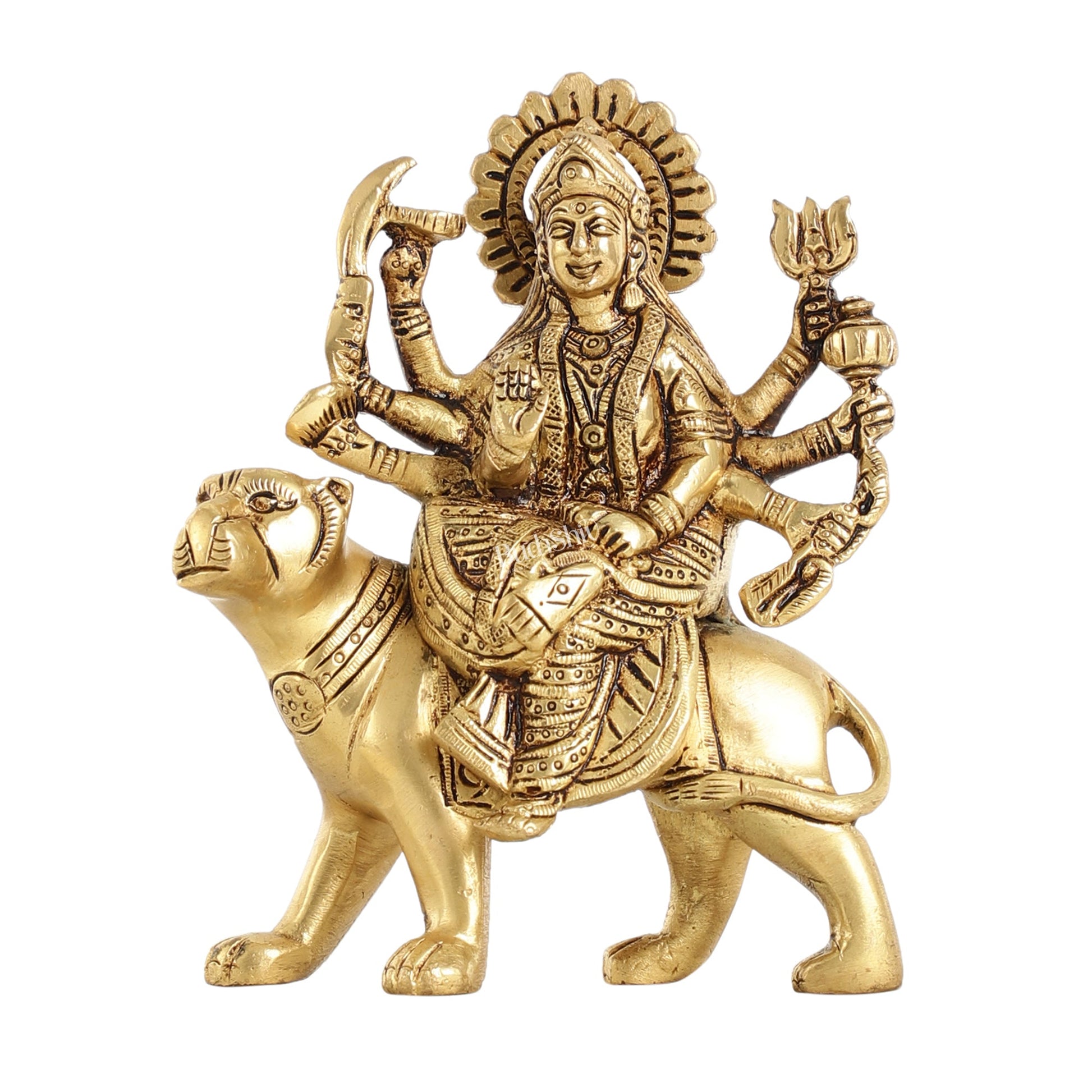 Superfine Brass Goddess Durga Seated on Tiger Idol - 5 Inch - Budhshiv.com
