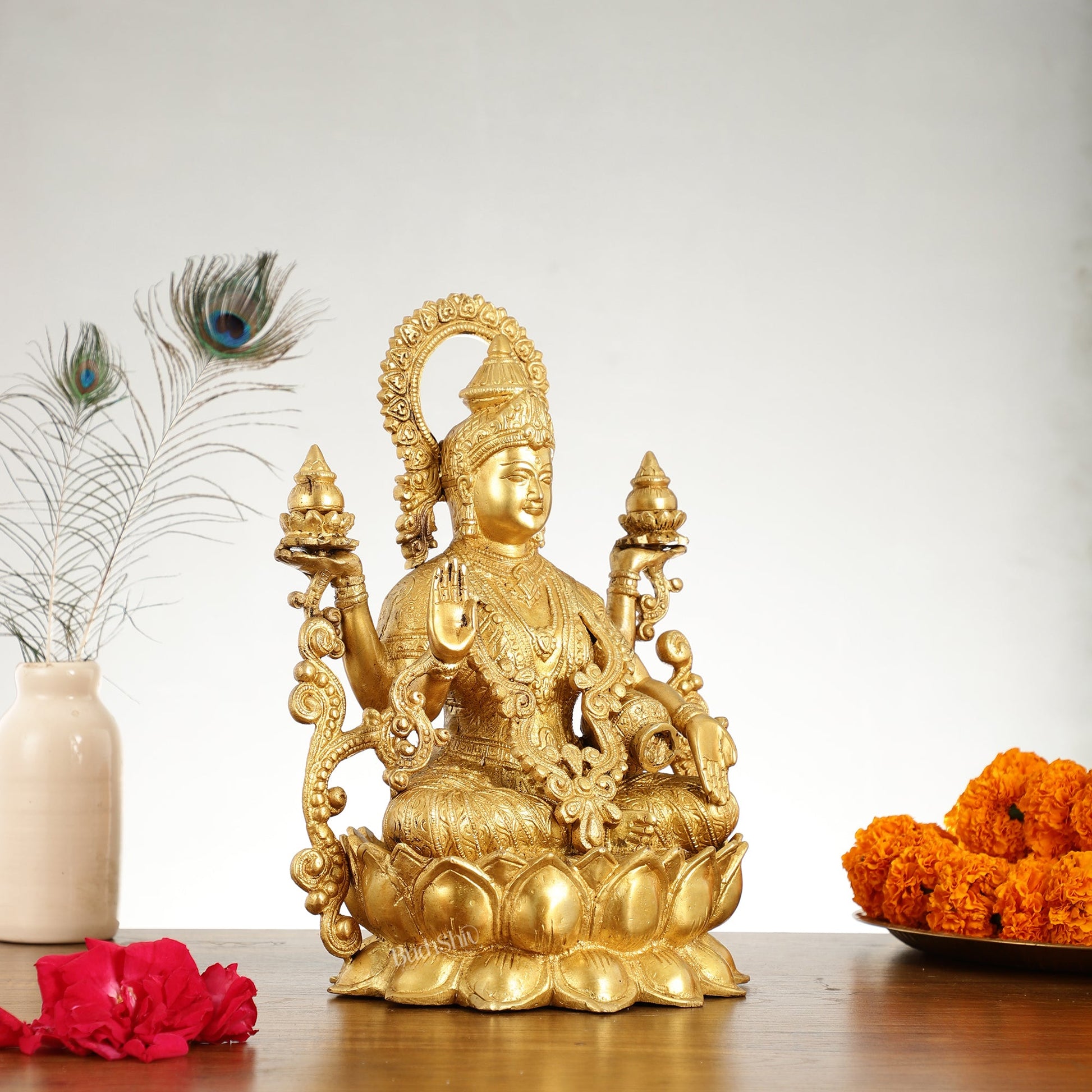 Superfine Brass Goddess Lakshmi Idol - 12.5 Inch - Budhshiv.com