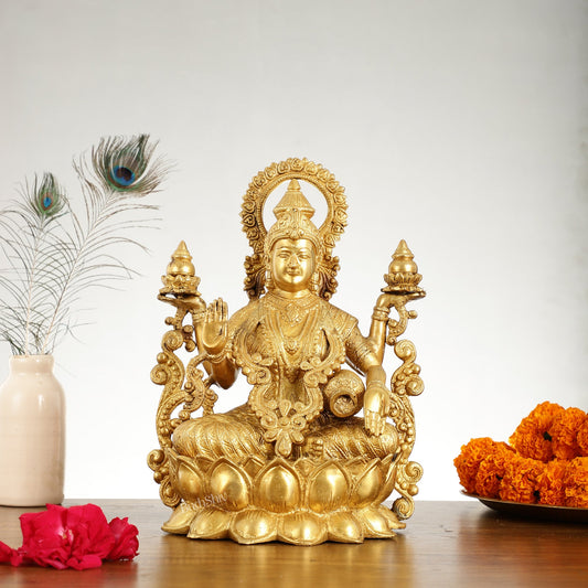 Superfine Brass Goddess Lakshmi Idol - 12.5 Inch - Budhshiv.com