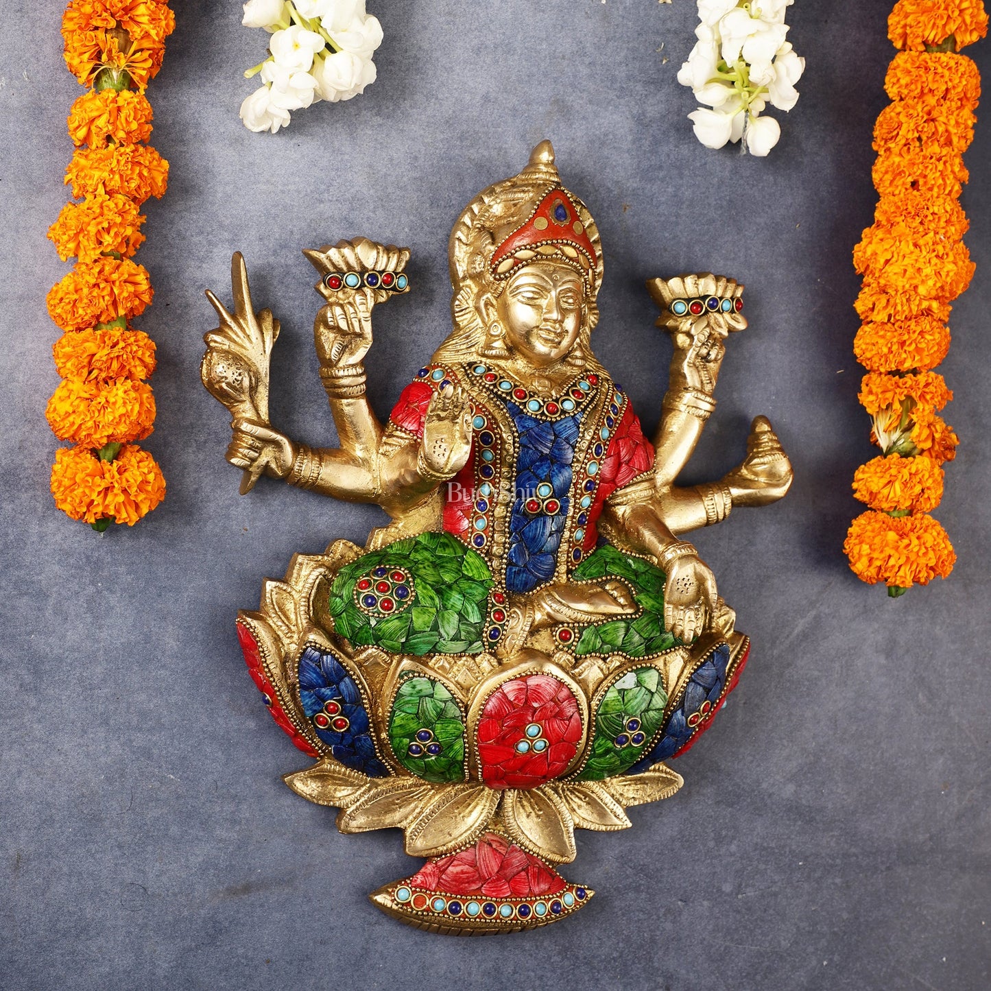Superfine Brass goddess Lakshmi Seated on a Lotus Wall Hanging Stonework - 12 inch - Budhshiv.com
