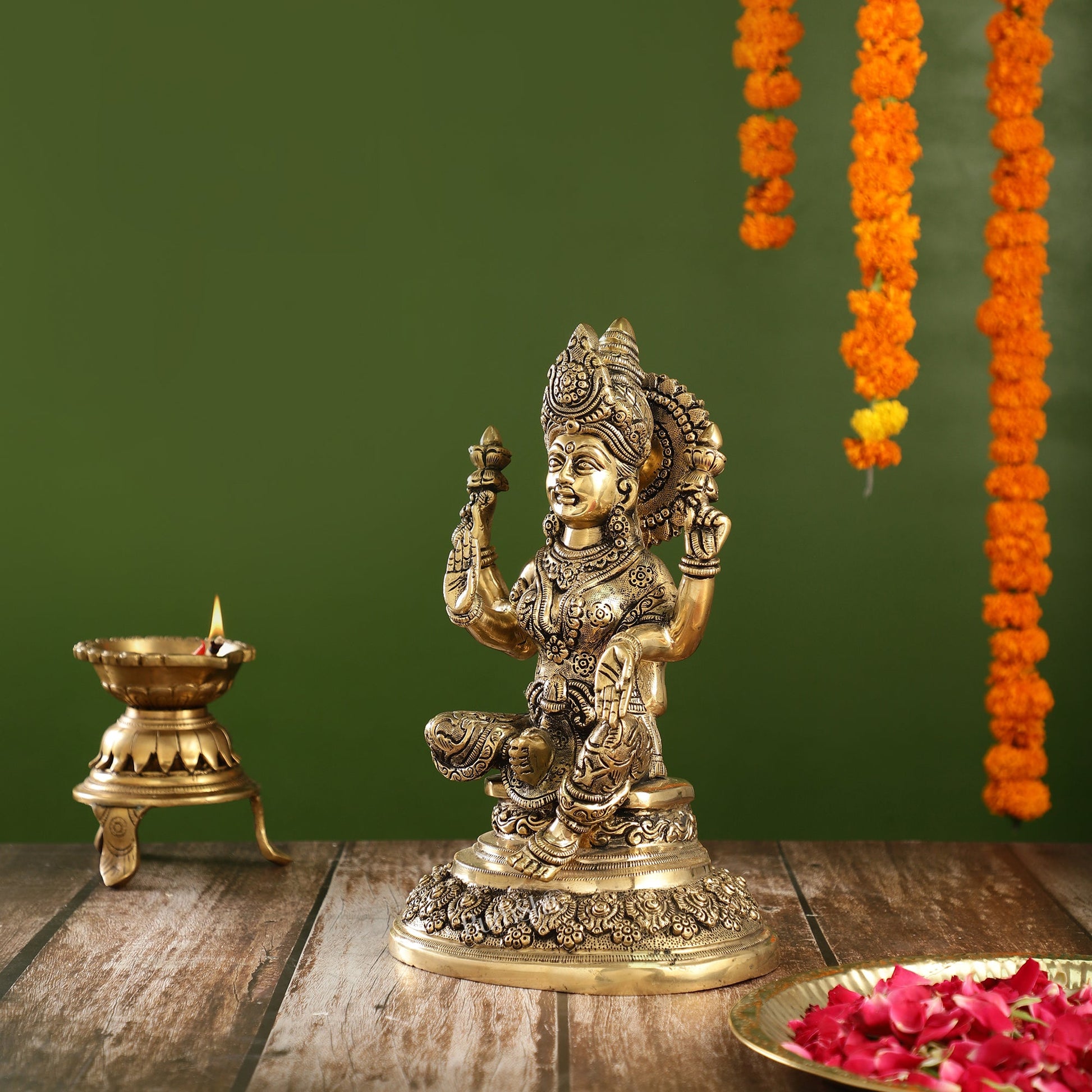 Superfine Brass Goddess Lakshmi Statue with Intricate Carvings | 12" Height - Budhshiv.com