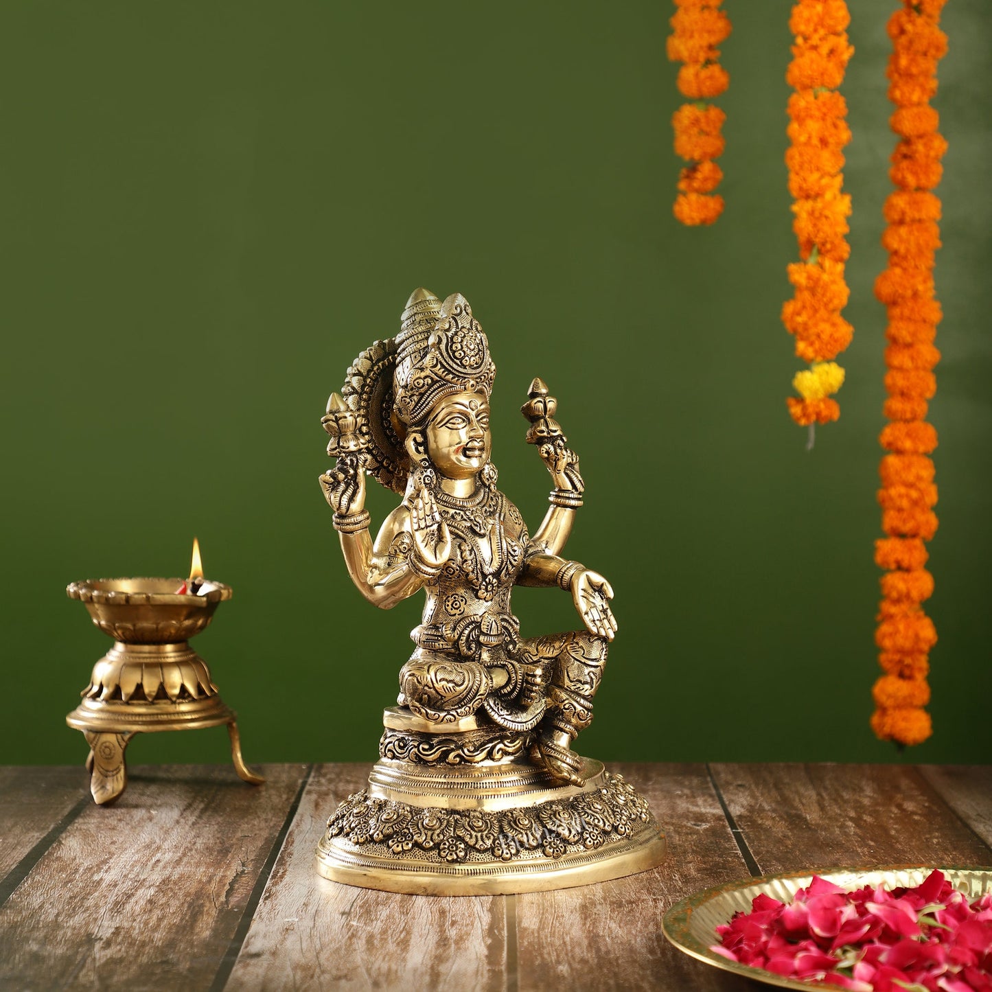 Superfine Brass Goddess Lakshmi Statue with Intricate Carvings | 12" Height - Budhshiv.com