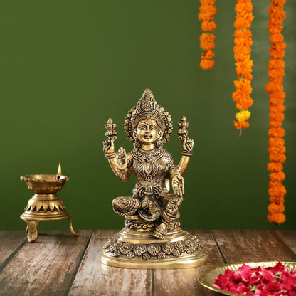 Superfine Brass Goddess Lakshmi Statue with Intricate Carvings | 12" Height - Budhshiv.com