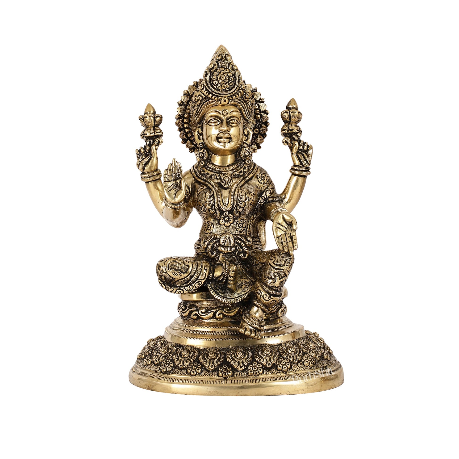 Superfine Brass Goddess Lakshmi Statue with Intricate Carvings | 12" Height - Budhshiv.com