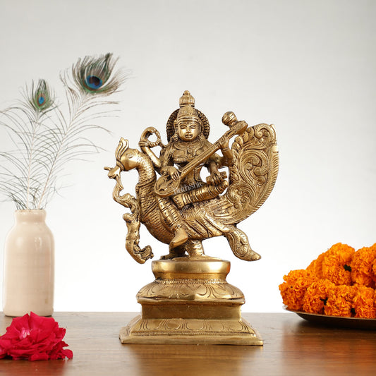 Superfine Brass Goddess Saraswati Idol - 12 Inch - Budhshiv.com