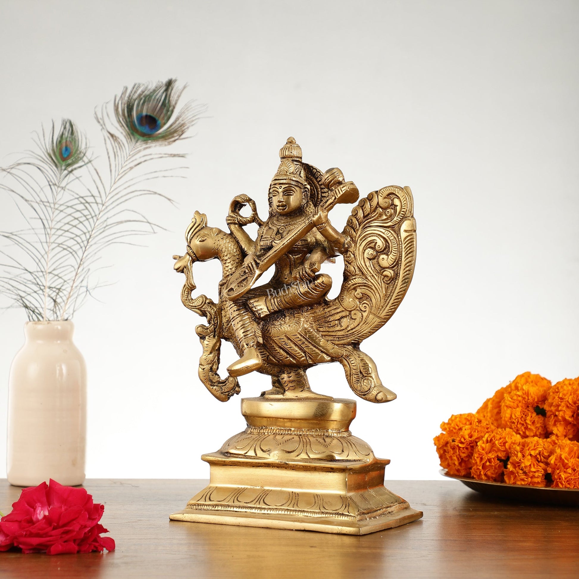 Superfine Brass Goddess Saraswati Idol - 12 Inch - Budhshiv.com