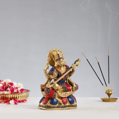 Superfine Brass Goddess Saraswati Idol with Stonework 7.5 inch - Budhshiv.com