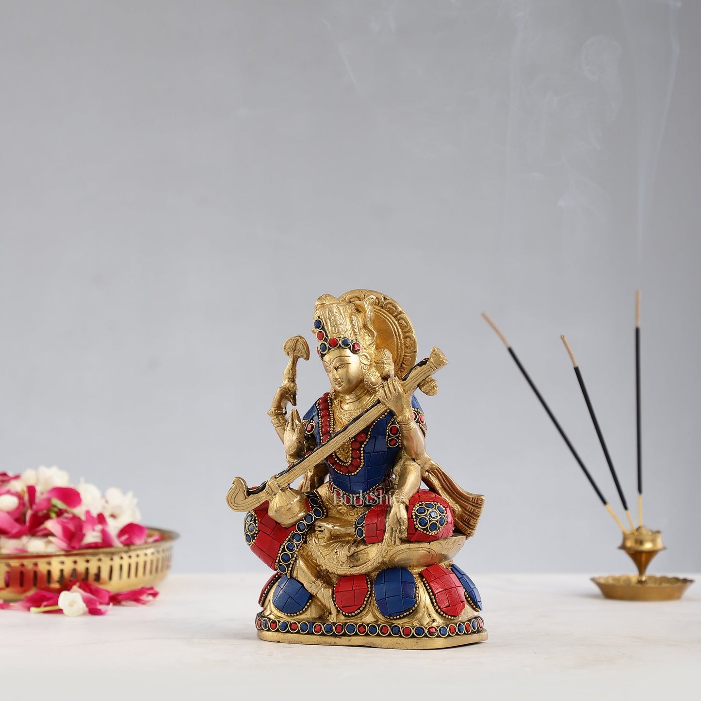 Superfine Brass Goddess Saraswati Idol with Stonework 7.5 inch - Budhshiv.com