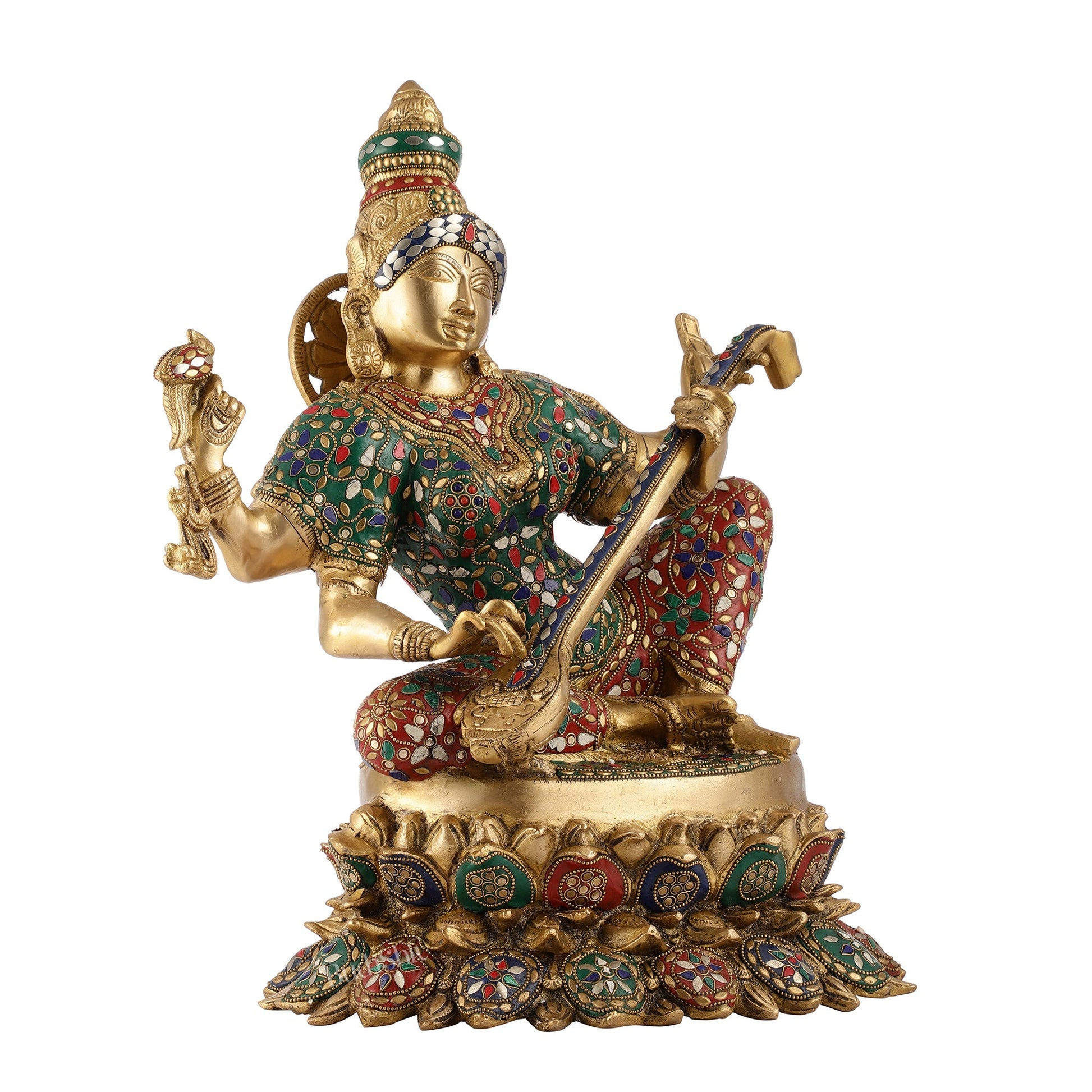 Superfine Brass Goddess Saraswati Mata Murti - 18" Stonework - Budhshiv.com