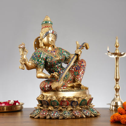 Superfine Brass Goddess Saraswati Mata Murti - 18" Stonework - Budhshiv.com