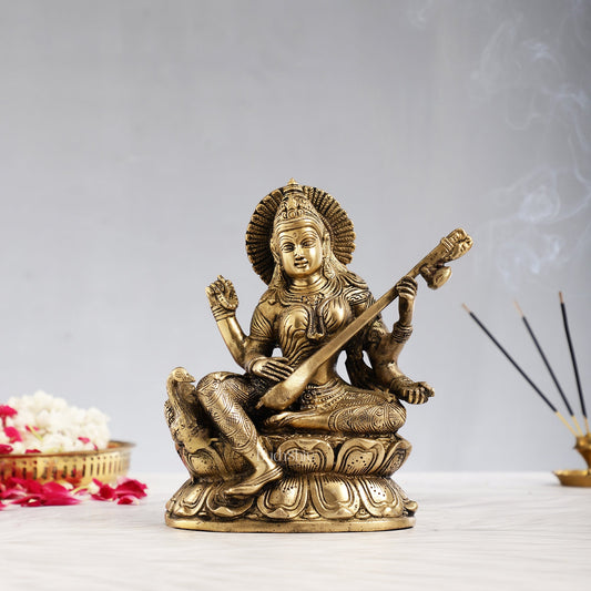 Superfine Brass Goddess Saraswati with Veena Idol 9 inch - Budhshiv.com
