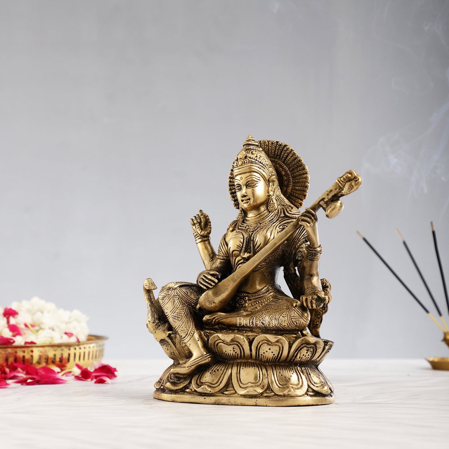 Superfine Brass Goddess Saraswati with Veena Idol 9 inch - Budhshiv.com
