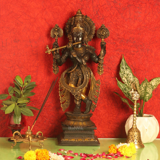 Superfine Brass Handcrafted Krishna Statue | 4-Armed with Shankh and Chakra | 19.5 inch - Budhshiv.com