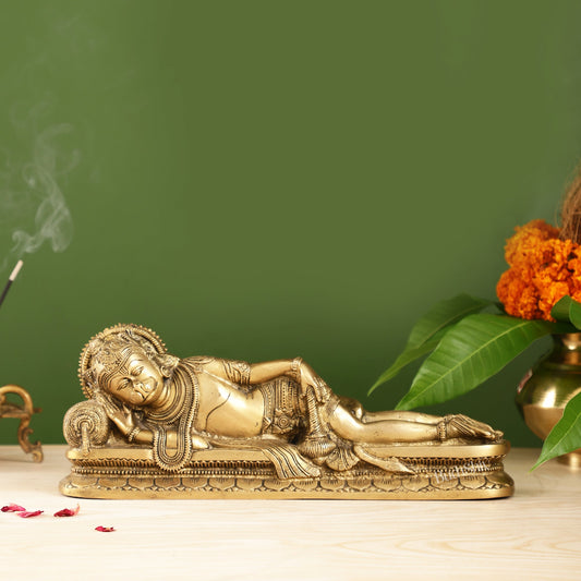 Superfine Brass Handcrafted Resting Hanuman Statue | Auspicious and Unique 12 inch - Budhshiv.com
