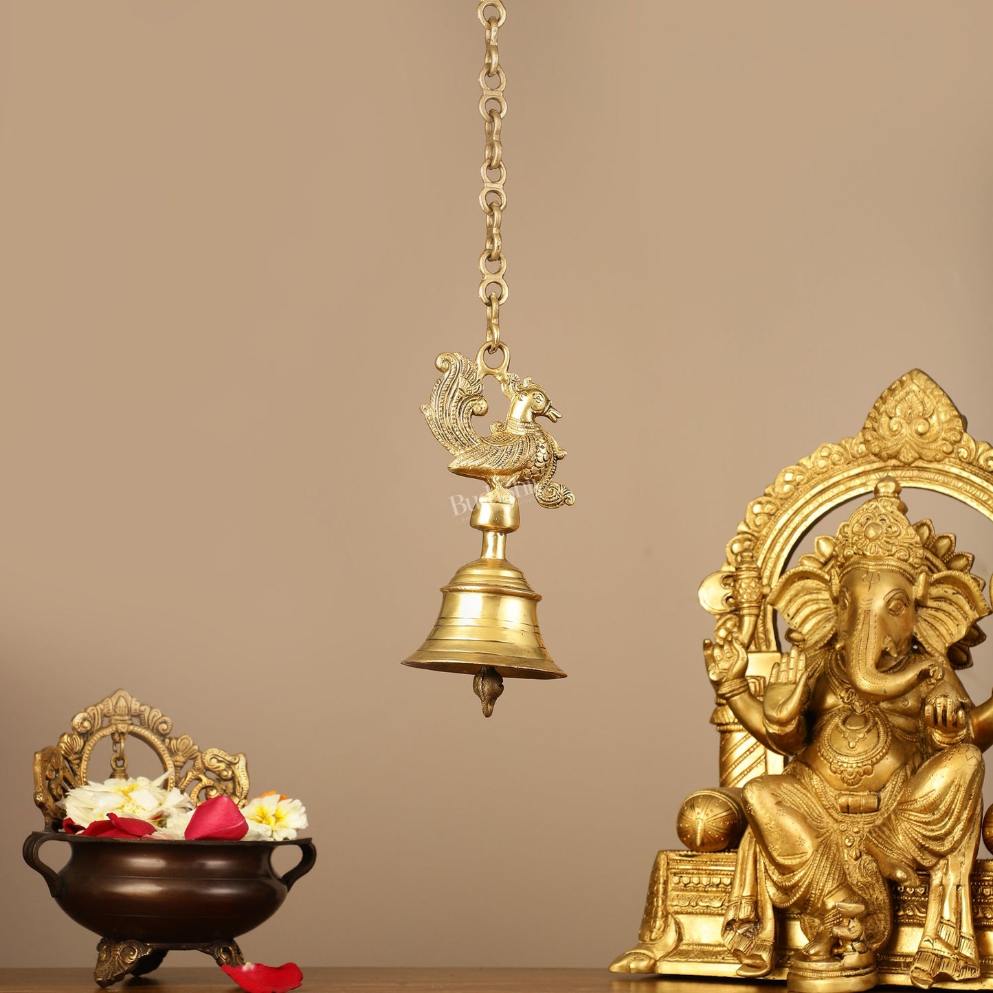 Superfine Brass Hanging Peacock Temple Bell - 7.5 Inch with 20-Inch Chain - Budhshiv.com