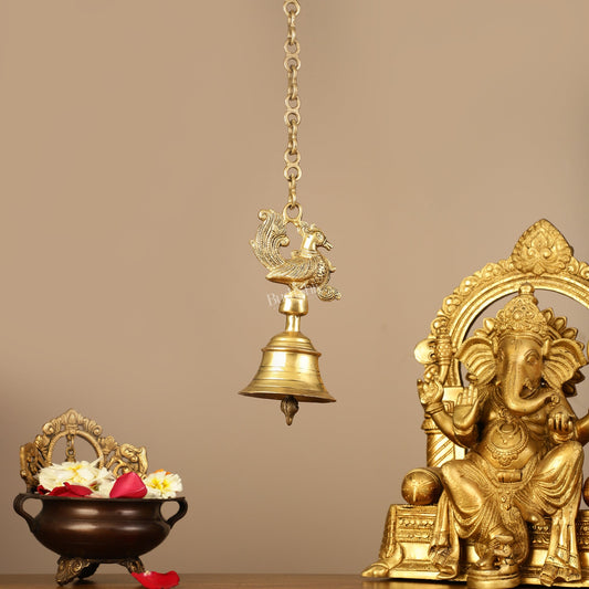 Superfine Brass Hanging Peacock Temple Bell - 7.5 Inch with 20-Inch Chain - Budhshiv.com