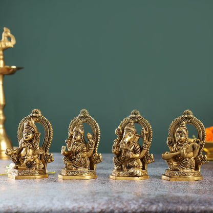 Superfine Brass Idols Set - Ganesha, Kubera, Lakshmi, Saraswati | 4.5" Height | Pooja Temple Decor - Budhshiv.com