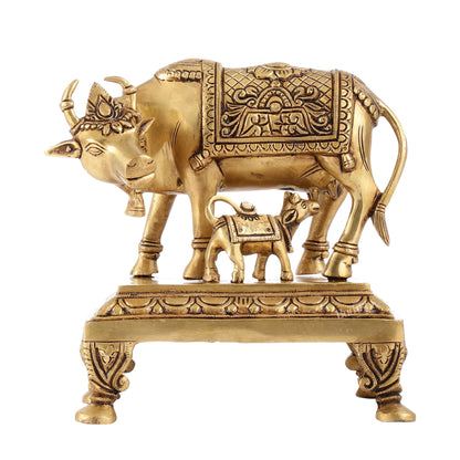 Superfine Brass Kaamdhenu Cow with Calf Idol | Divine Beauty | 8" - Budhshiv.com