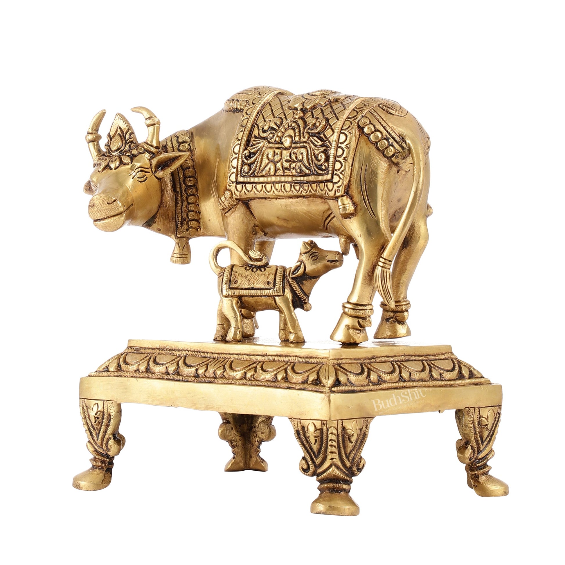 Superfine Brass Kaamdhenu Cow with Calf Idol | Divine Beauty | 8" - Budhshiv.com