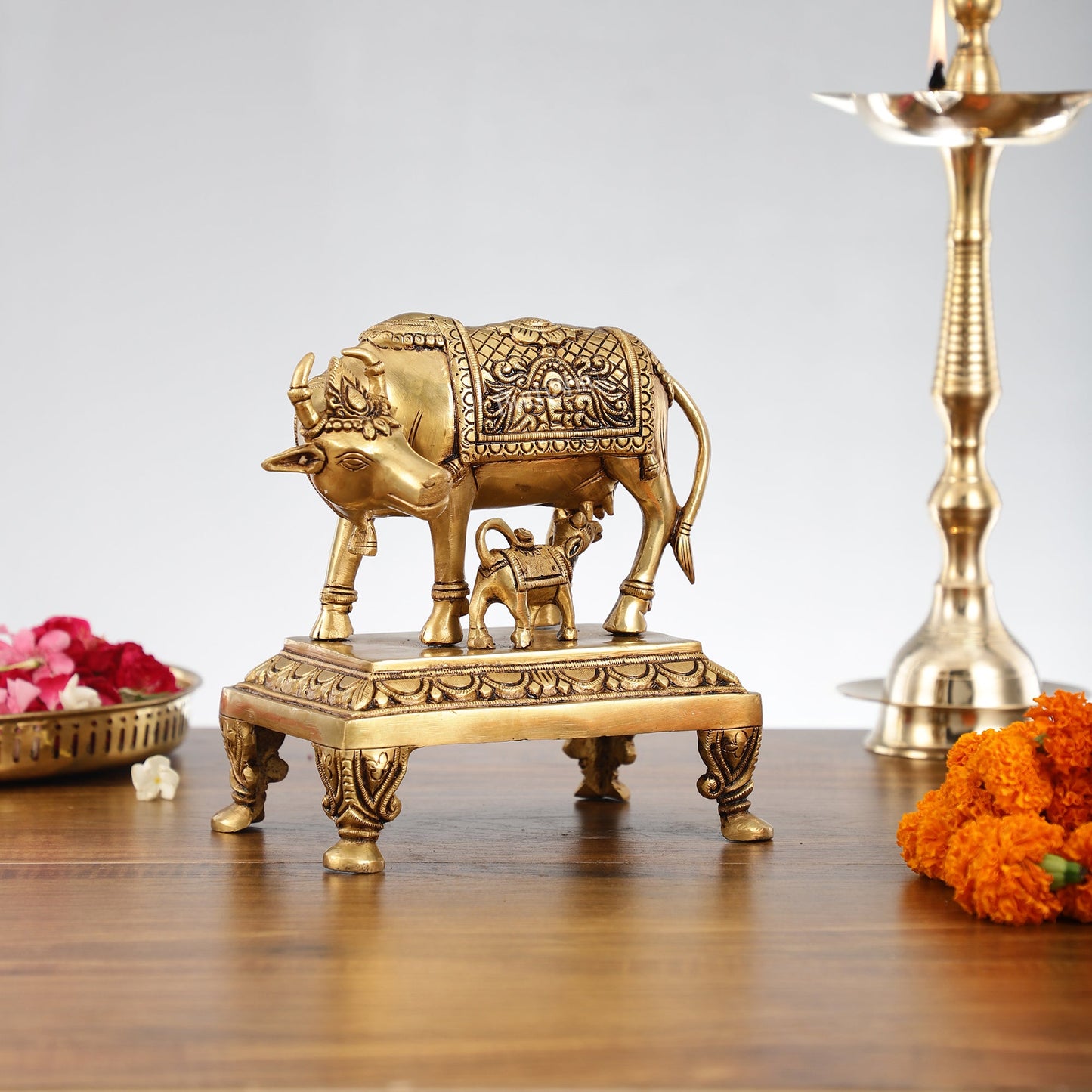 Superfine Brass Kaamdhenu Cow with Calf Idol | Divine Beauty | 8" - Budhshiv.com