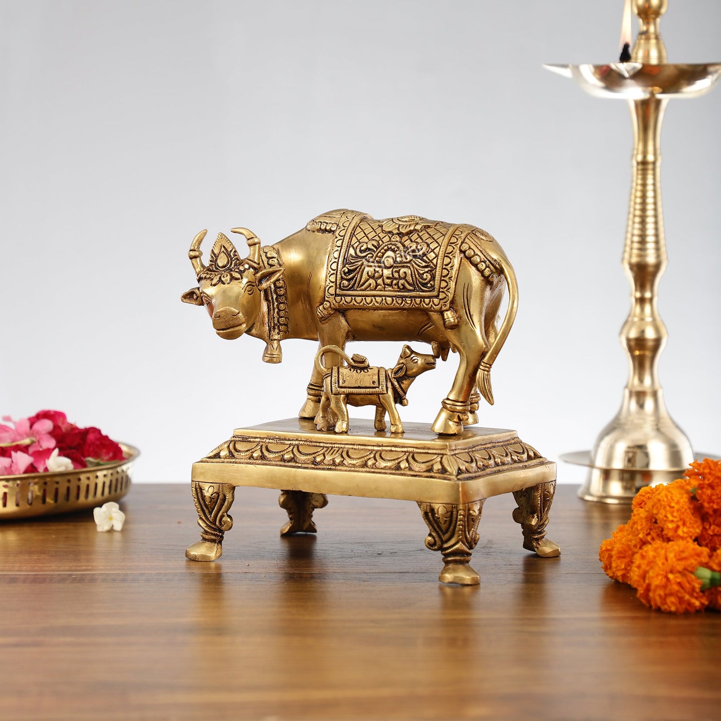 Superfine Brass Kaamdhenu Cow with Calf Idol | Divine Beauty | 8" - Budhshiv.com