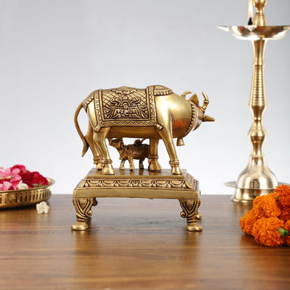 Superfine Brass Kaamdhenu Cow with Calf Idol | Divine Beauty | 8" - Budhshiv.com