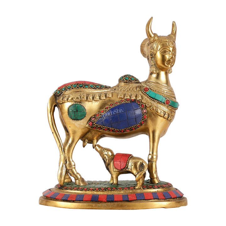 Superfine Brass Kamdhenu Cow with Calf Idol | Height 8.5 inch - Budhshiv.com