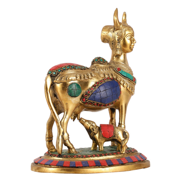 Superfine Brass Kamdhenu Cow with Calf Idol | Height 8.5 inch - Budhshiv.com