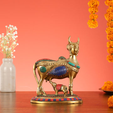 Superfine Brass Kamdhenu Cow with Calf Idol | Height 8.5 inch - Budhshiv.com