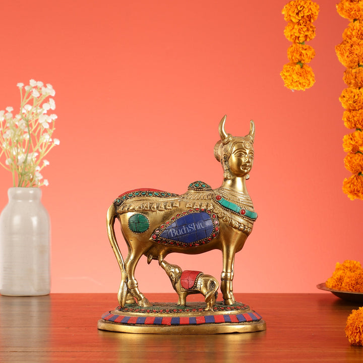 Superfine Brass Kamdhenu Cow with Calf Idol | Height 8.5 inch - Budhshiv.com